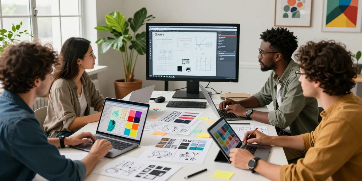 Team collaborating on a mixboard in an inspiring creative workspace, enhancing visual brainstorming.