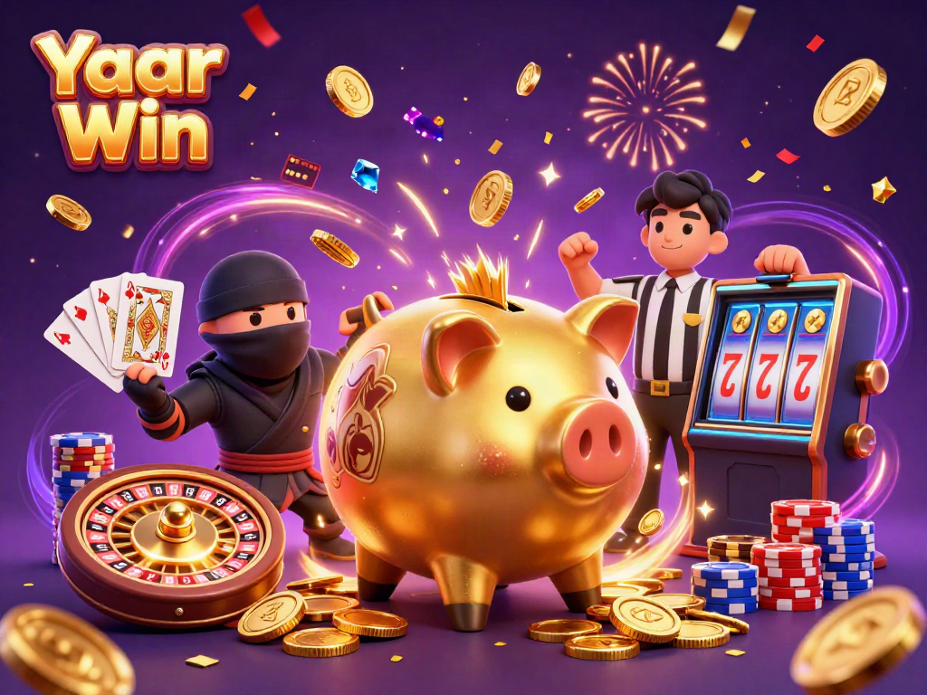 Win exciting games effortlessly with Yaar Win, featuring a dynamic casino battle scene with characters and gaming elements.