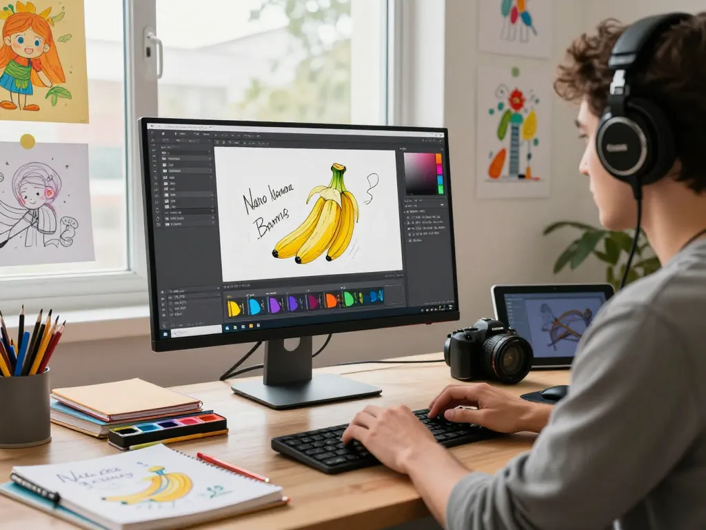 Digital artist using Nano Banana AI image editor in a vibrant creative workspace.