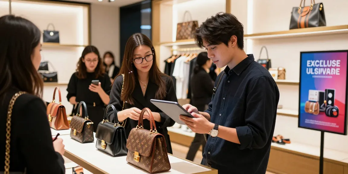 Shopping for high-quality 레플리카 products in a stylish store environment.