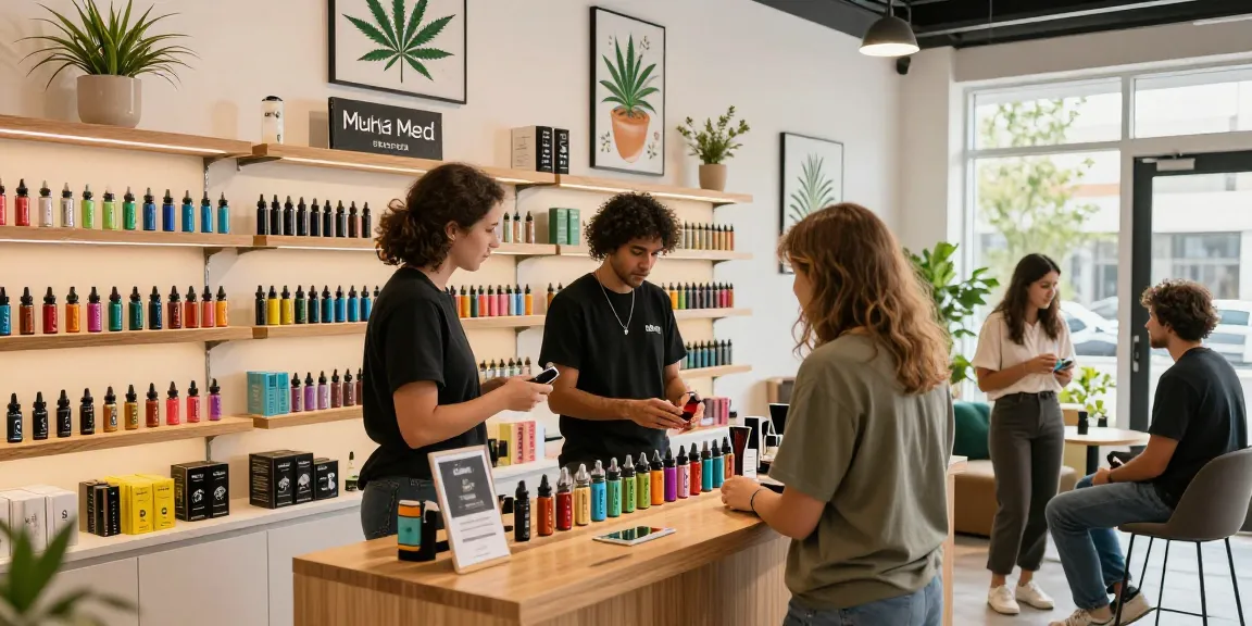Engaging scene of Muha Med products in a vibrant vape shop, showcasing a variety of cartridges and disposable vapes with happy customers.