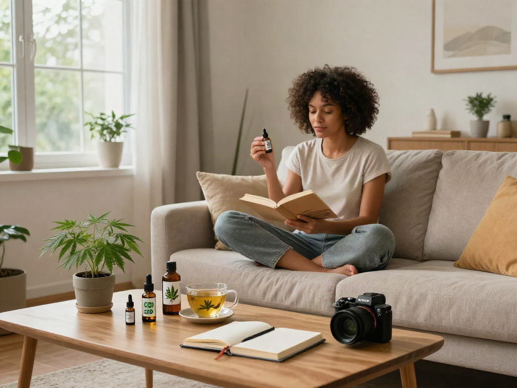 Muha med CBD oil in a serene living room scene, promoting natural wellness with organic products and a hemp plant.
