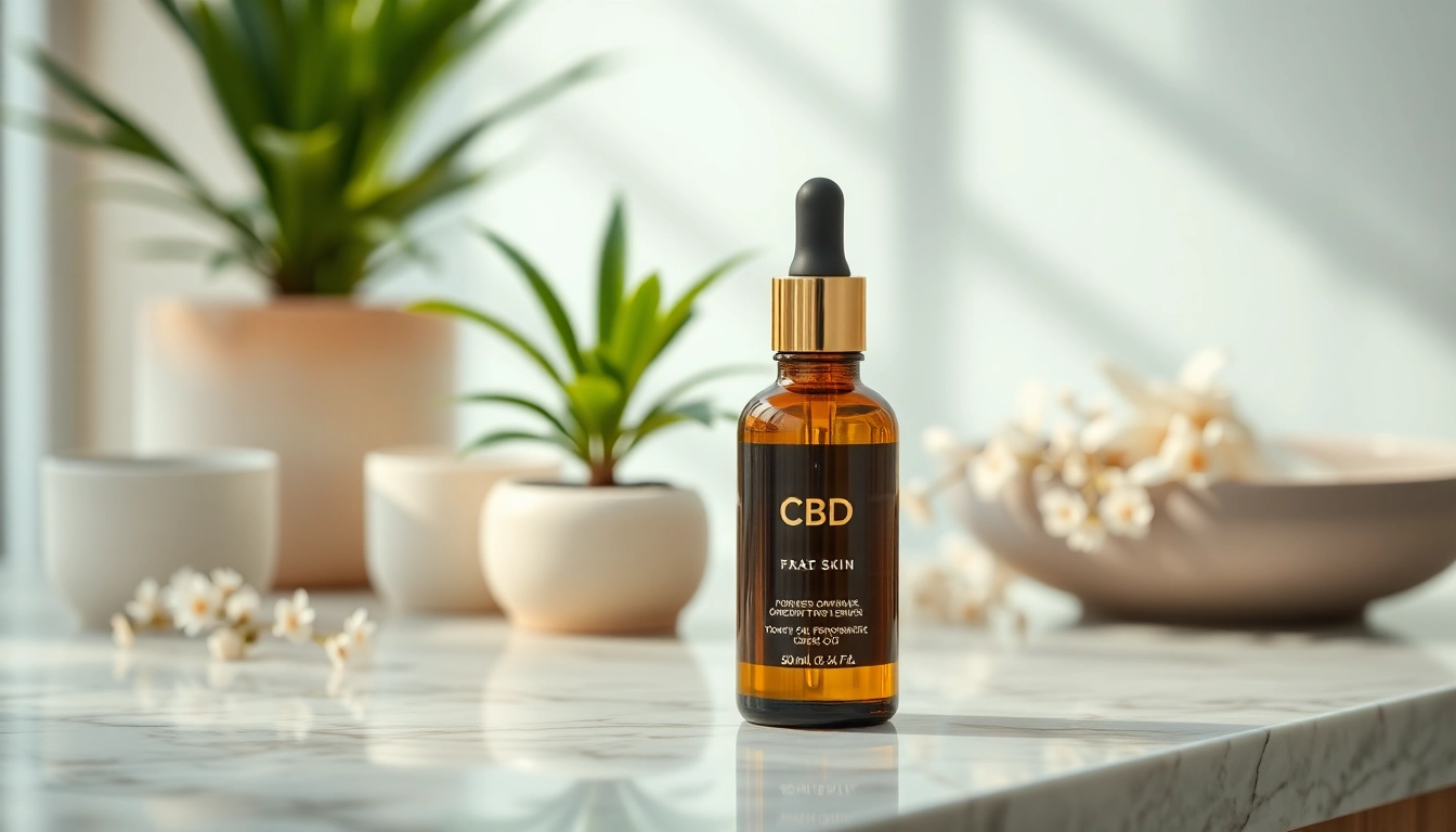Apply CBD oil for skin in a serene setting with elegant product display.