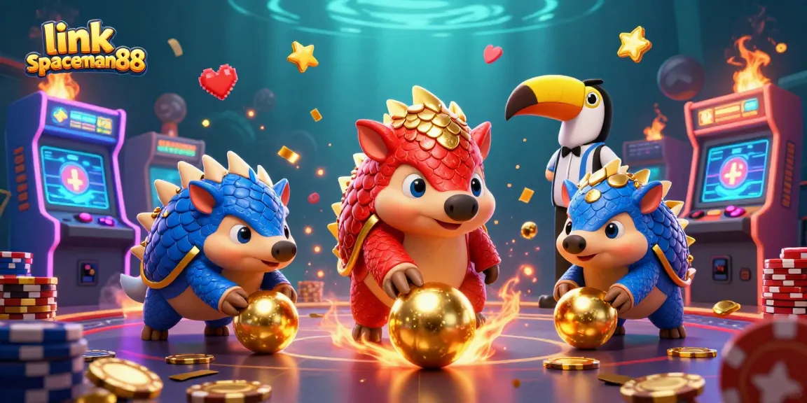 Engage with link spaceman88 in a dynamic 3D arcade scene showing gambling pangolins with vibrant casino elements.