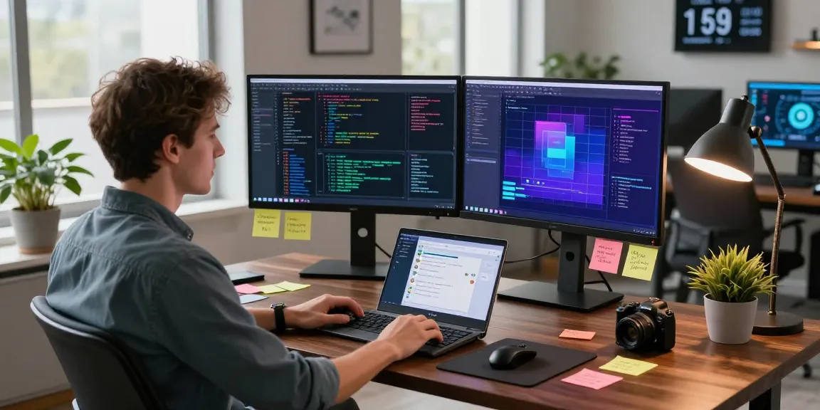 Developer using koboldai on dual monitors in a modern workspace
