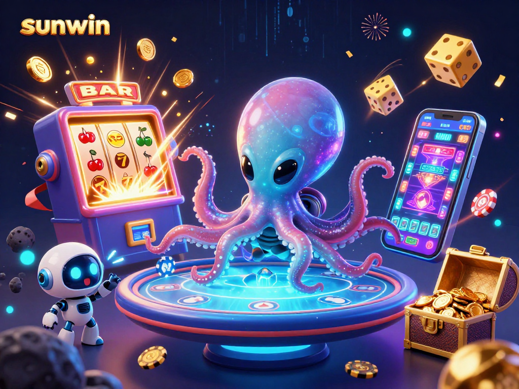 Engage in thrilling gaming action with sunwin's lively alien-themed casino illustration featuring dynamic elements.