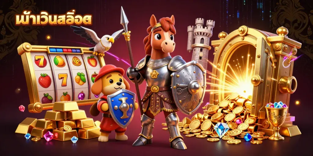 Engaging illustration showcasing หน้าเว็บสล็อต, featuring a knight, squire puppy, and falcon amid sparkling jackpots and treasures.