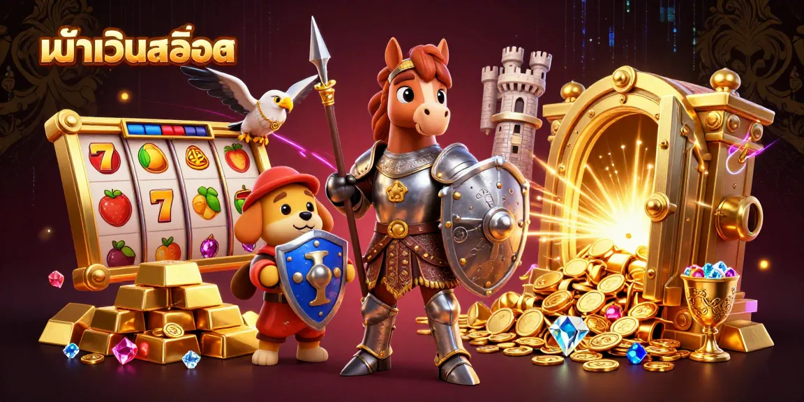 Engaging illustration showcasing หน้าเว็บสล็อต, featuring a knight, squire puppy, and falcon amid sparkling jackpots and treasures.