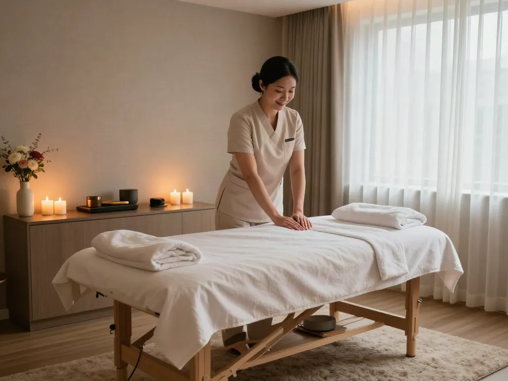Enjoying a 동대문출장마사지 in a calming home environment with a professional therapist.