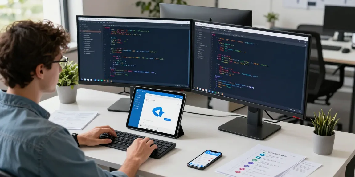 Dynamic workspace showcasing telegram中文版下载 app development with multiple monitors and devices.