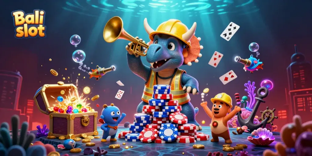 Bali slot game scene with a triceratops building poker chips, underwater treasure, and cheering compys.