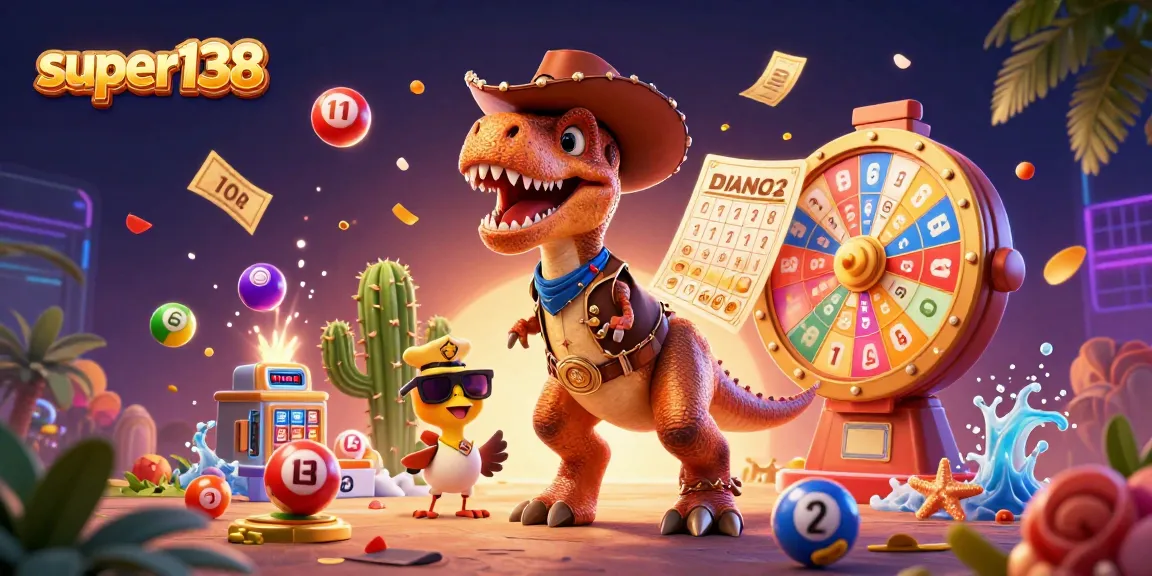 Engage in vibrant casino fun with super138 as a cartoon T-Rex cowboy leads colorful lottery activities.