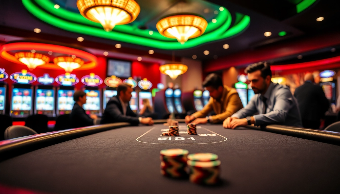 Permainan poker di kasino bbni4d dengan suasana penuh warna dan partisipan yang bersemangat.