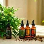 Showcasing CBD oil bottles with a lush cannabis plant in a wellness setting.