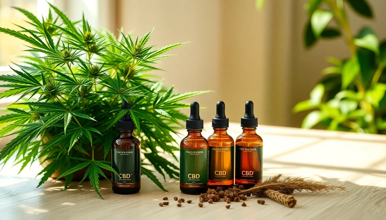 Showcasing CBD oil bottles with a lush cannabis plant in a wellness setting.