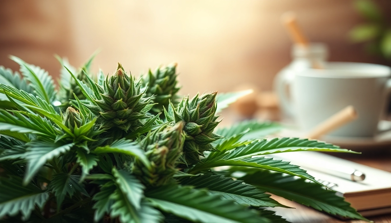 Display fresh Mental Wellness CBD buds against a calming backdrop of nature to highlight their therapeutic qualities.