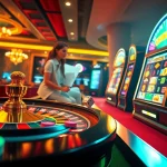 Pemain Dewanaga89 menikmati permainan kasino virtual yang seru dengan roda roulette berwarna-warni dan mesin slot.