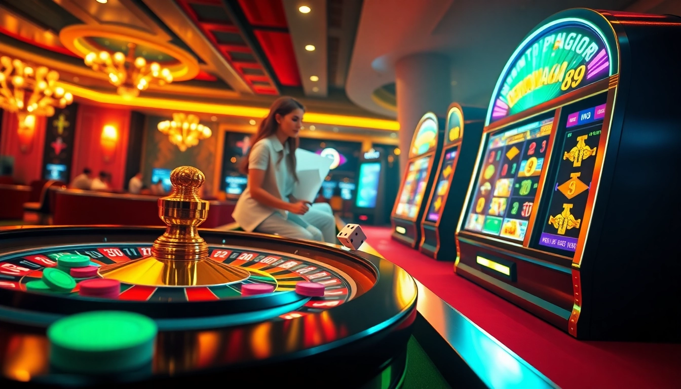 Pemain Dewanaga89 menikmati permainan kasino virtual yang seru dengan roda roulette berwarna-warni dan mesin slot.