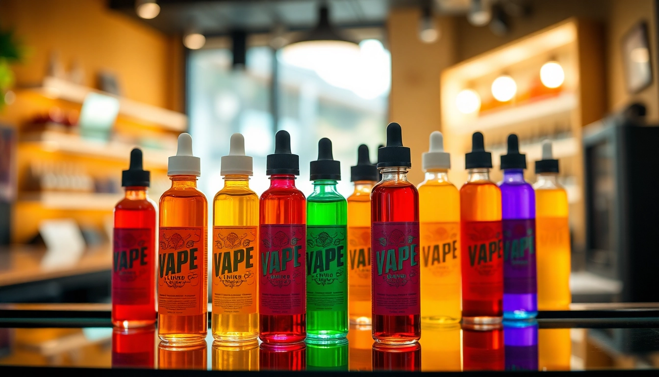 Vape & E-Liquids displayed in vibrant bottles showcasing flavors and inviting atmosphere.