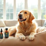 Relaxed golden retriever with CBD Oil For Dog bottle representing pet wellness.