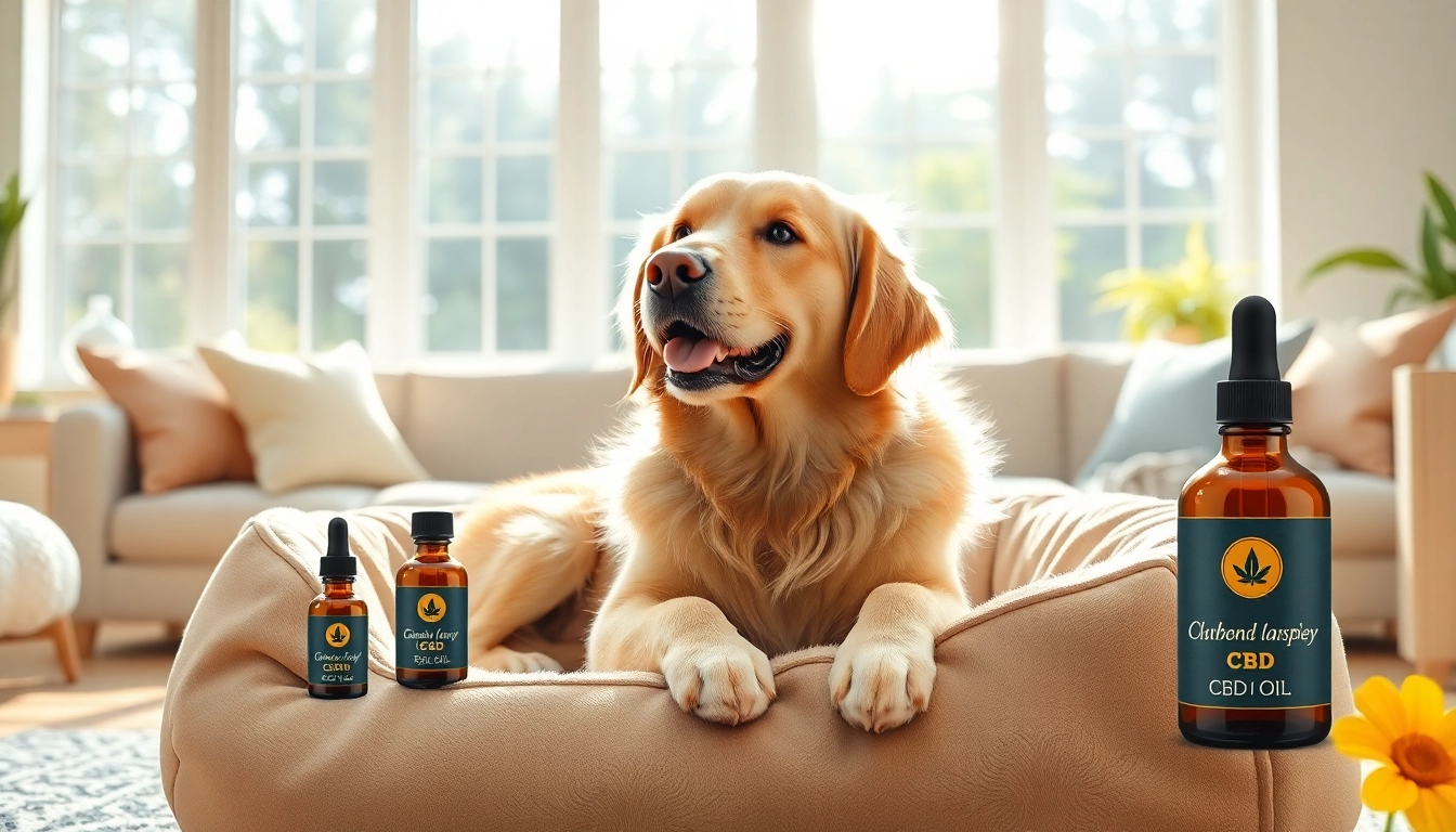 Relaxed golden retriever with CBD Oil For Dog bottle representing pet wellness.