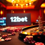 Experience thrilling gameplay at 12bet with a luxurious casino setting featuring vibrant poker chips and an elegant roulette wheel.