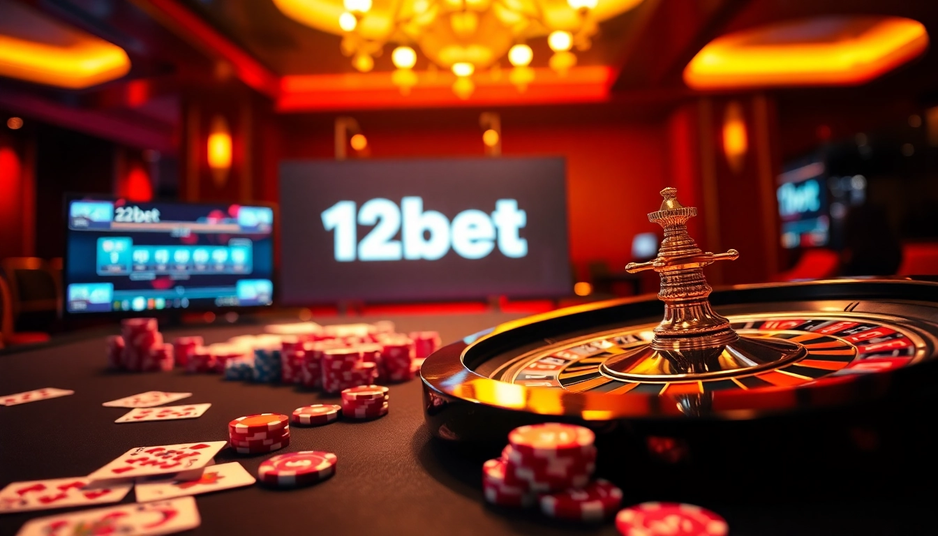 Experience thrilling gameplay at 12bet with a luxurious casino setting featuring vibrant poker chips and an elegant roulette wheel.