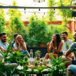 People engaging in a cannabis social club, sharing joy and relaxation in a vibrant setting.