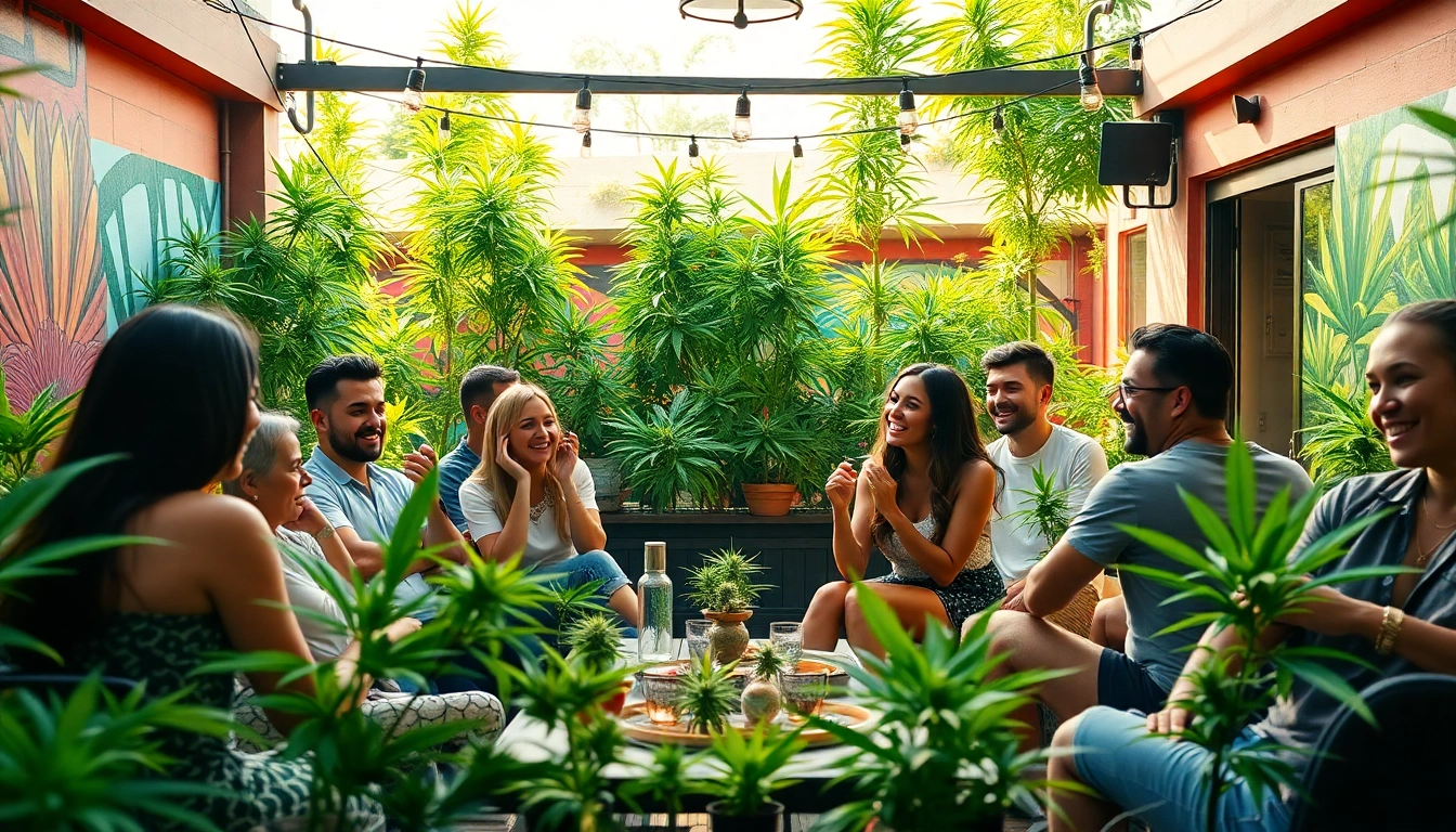 People engaging in a cannabis social club, sharing joy and relaxation in a vibrant setting.