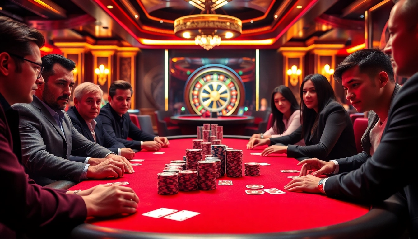 Players engaged in a poker game at RR88, showcasing vibrant chips and cards in a luxurious casino setting.