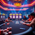 Players engaged in a strategic card game at hay88 casino, surrounded by exciting slot machines.