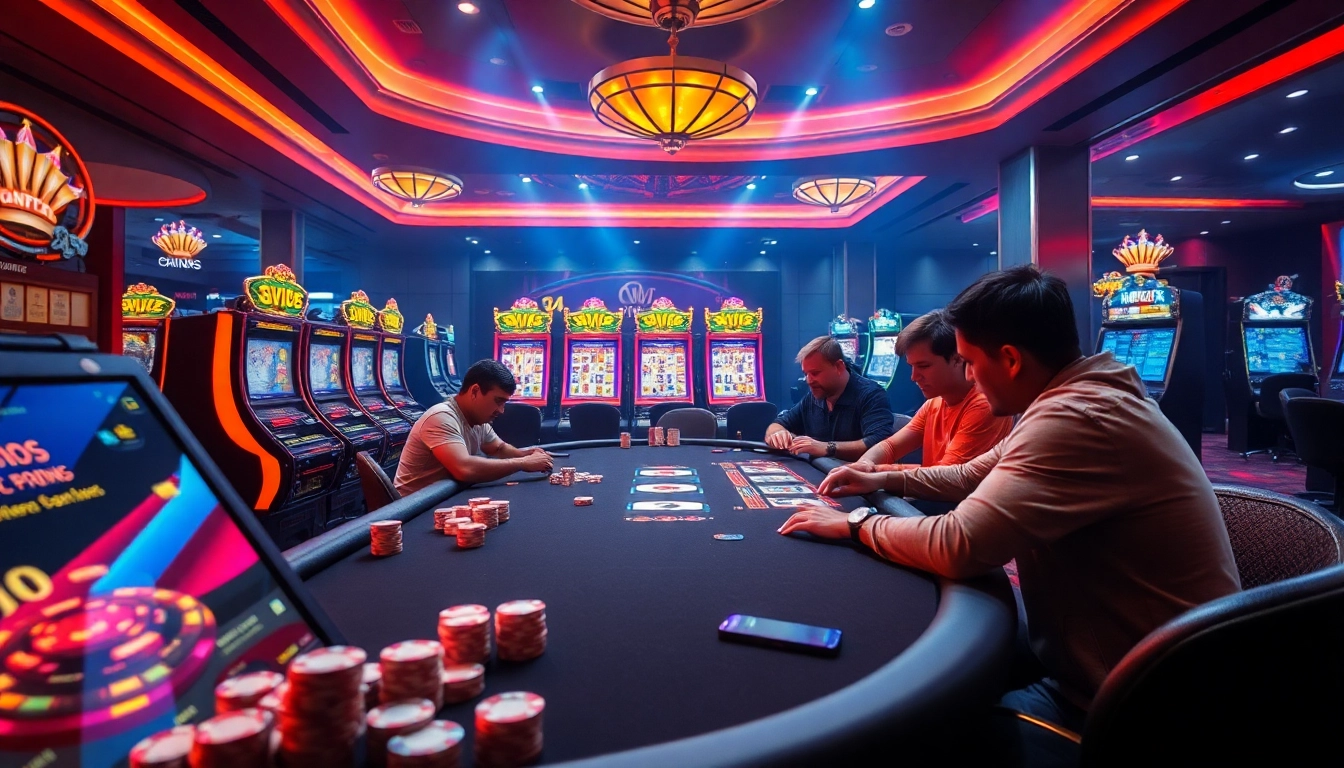 Players engaged in a strategic card game at hay88 casino, surrounded by exciting slot machines.