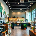 Explore the colorful product display in a modern weed store, inviting a relaxed shopping experience.