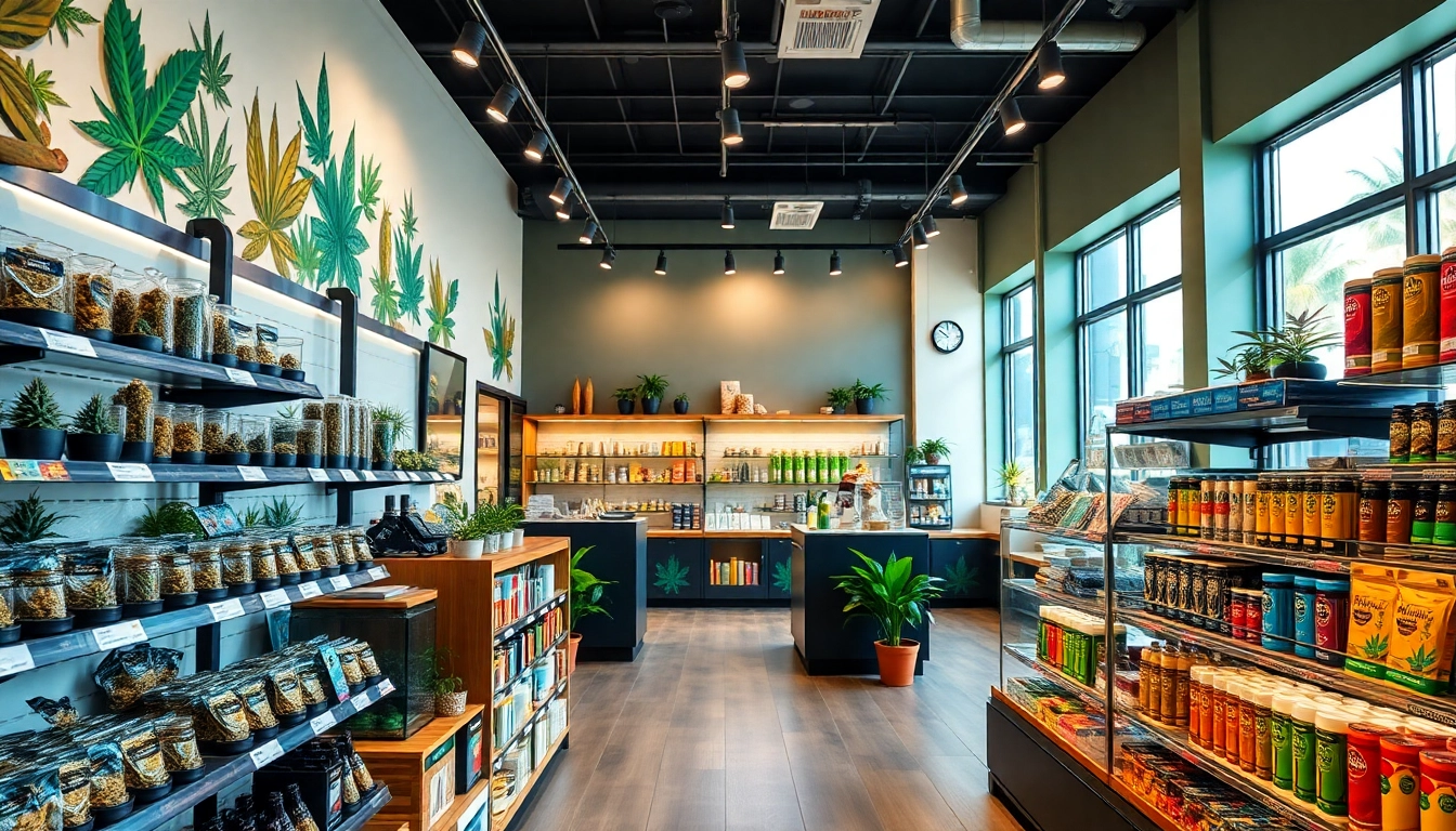 Explore the colorful product display in a modern weed store, inviting a relaxed shopping experience.
