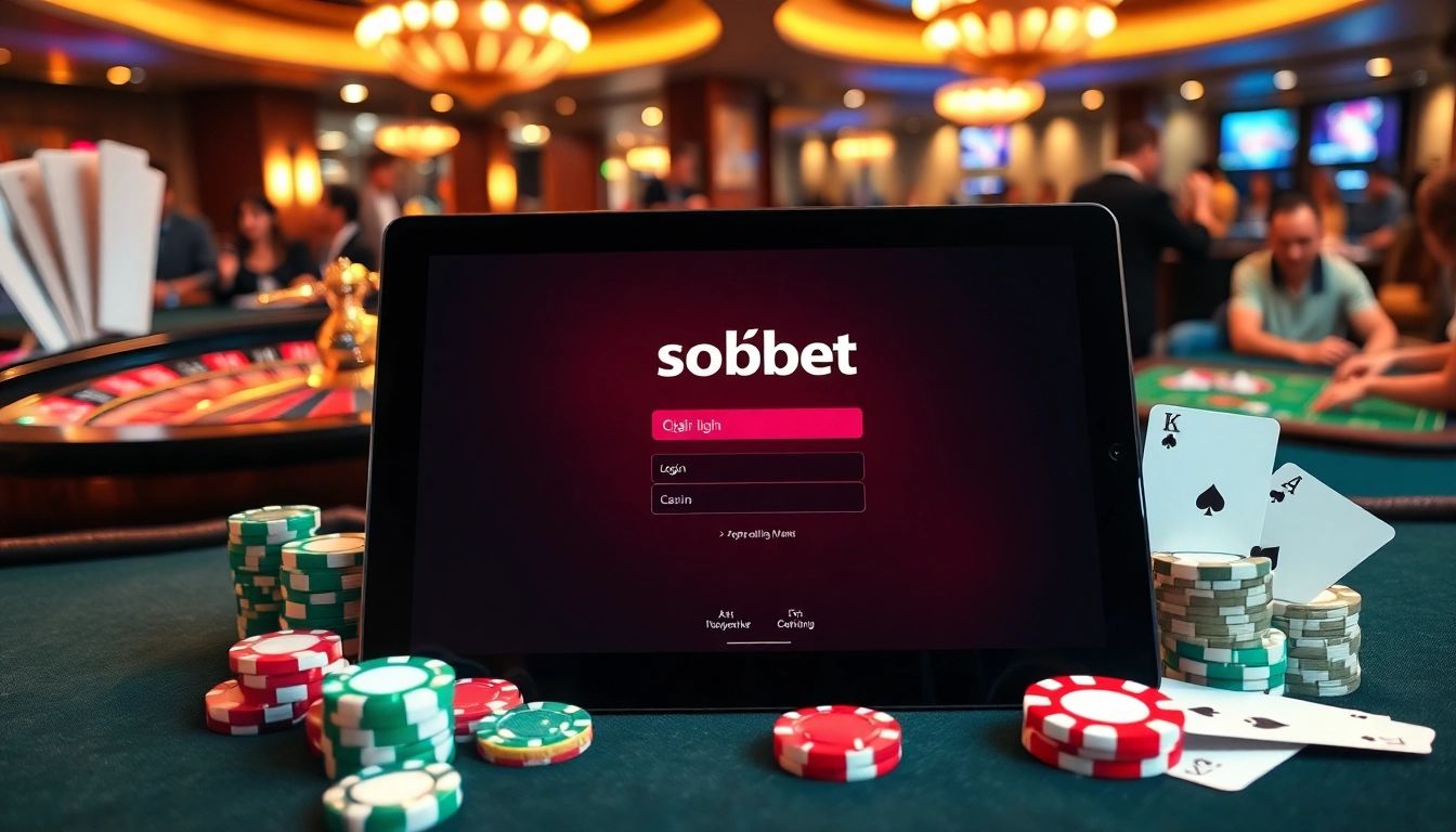 Engage with sbobet login on a digital tablet amidst an exciting casino atmosphere.