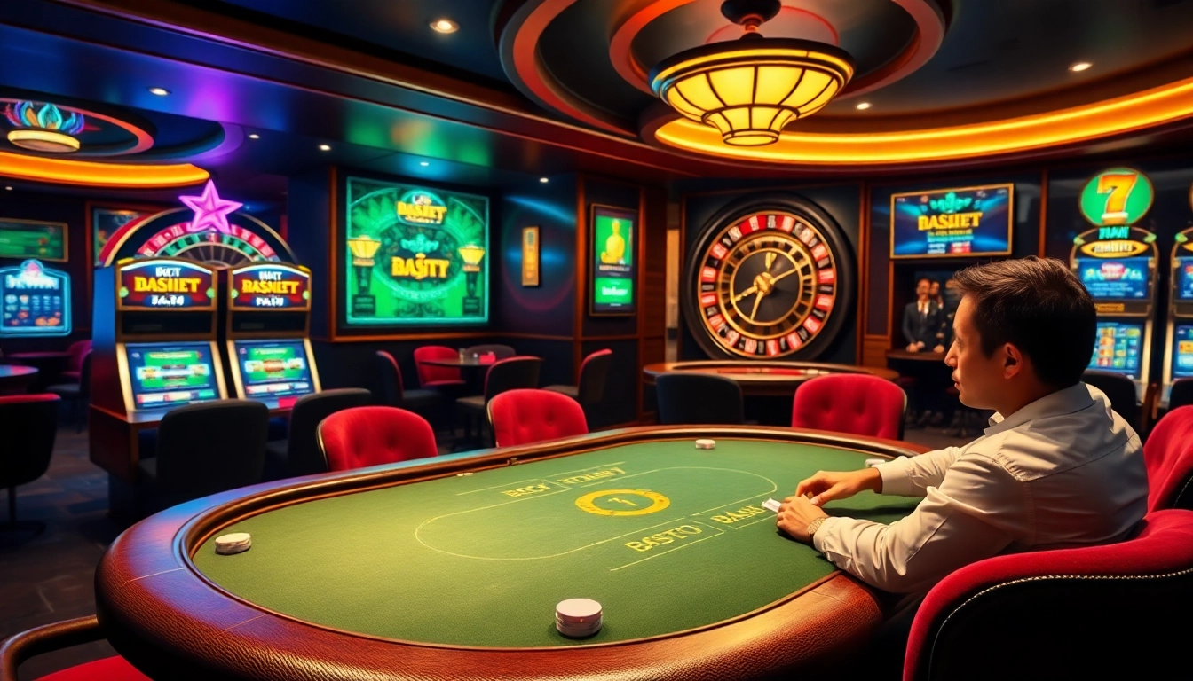 Experience the excitement of bk8thai with vibrant casino gaming visuals featuring poker and roulette.