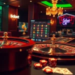 Sbobet online betting interface featuring poker chips and a roulette wheel, highlighting excitement and strategy.