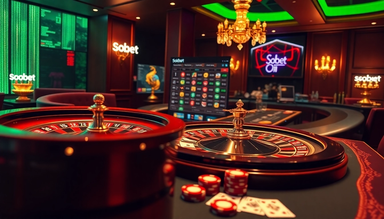 Sbobet online betting interface featuring poker chips and a roulette wheel, highlighting excitement and strategy.