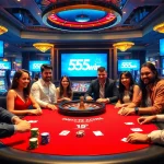 Capture the thrilling atmosphere of 555win casino with players at a poker table and a roulette wheel.