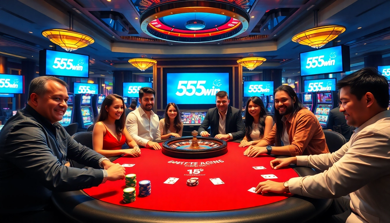 Capture the thrilling atmosphere of 555win casino with players at a poker table and a roulette wheel.