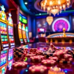 PEN 4D slot machine scene with colorful lights and poker chips in a luxury casino.
