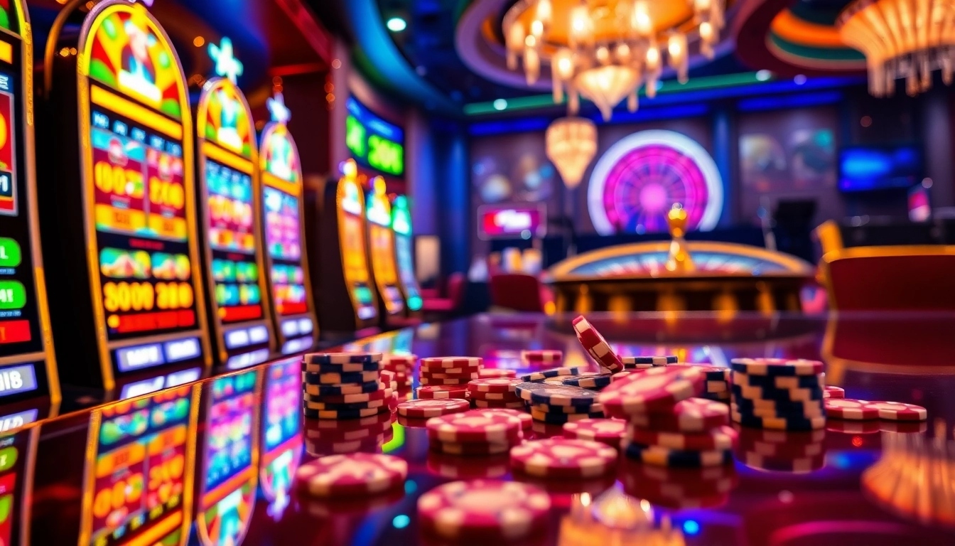 PEN 4D slot machine scene with colorful lights and poker chips in a luxury casino.
