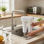 Waterdrop 4396508 Replacement for Whirlpool® 4396510 being installed in a bright kitchen setting, showcasing clean water and fresh ingredients.