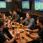 Friends enjoying keo nha cai betting strategies during an exciting sports event in a lively bar.