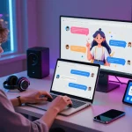 Engaging NSFW AI character chat scene with user on laptop in vibrant workspace