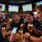 Tỷ lệ kèo nhà cái hôm nay as fans place bets using smartphones in an exciting sports bar atmosphere.