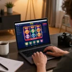 Engaging player using rikvip for online gambling while enjoying a cozy home atmosphere.