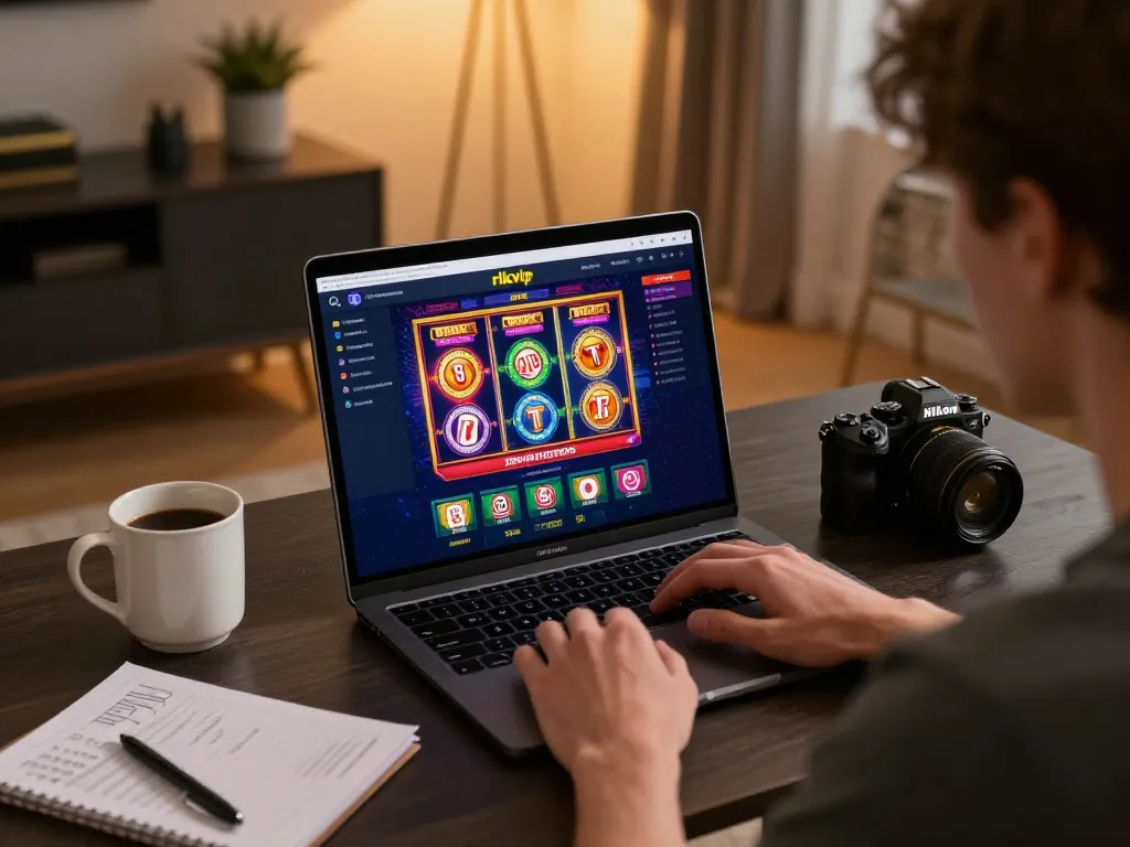 Engaging player using rikvip for online gambling while enjoying a cozy home atmosphere.