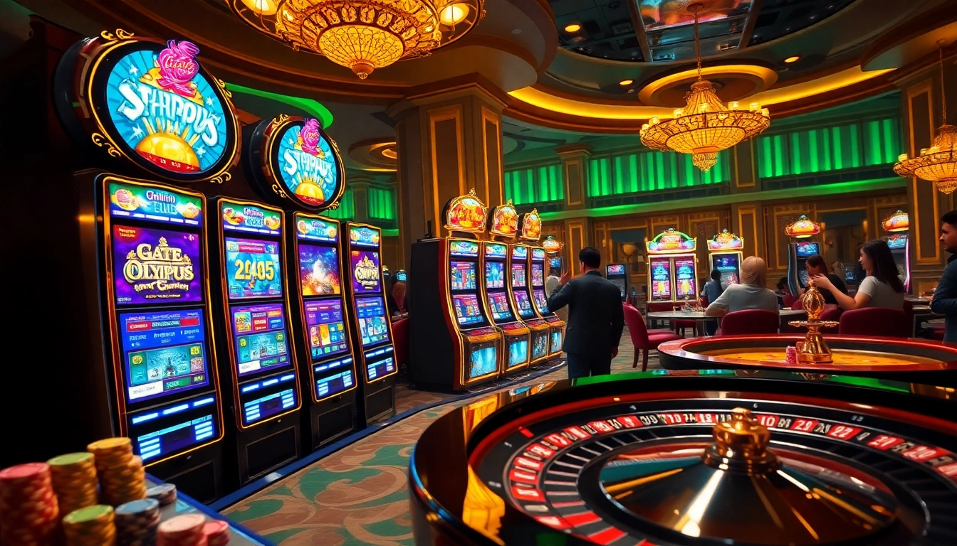 Experience thrilling idn slot gameplay amidst an exciting casino setting with vibrant slot machines and enthusiastic players.