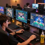 Engaging in online gaming strategy at a professional setup with Link Alternatif options visible on the screen.